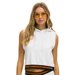Aviator Nation Logo Stripe Sleeveless Crop Pullover Hoodie